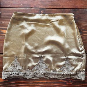 Satin Olive Green Mini Skirt with Lace - Urban Outfitters